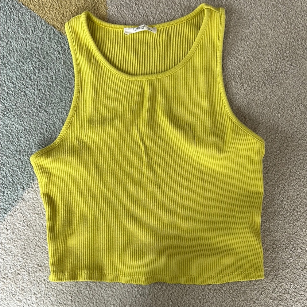 Timing Florescent Yellow Ribbed Cropped Tank Top
